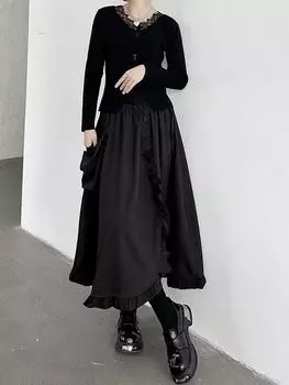 XITAO Casual A-line Solid Color Mid-calf Loose Fitting Skirt Patchwork Lotus Leaf Edge Pocket Fashion Autumn Women Skirt GMM1102 One Size чёрный