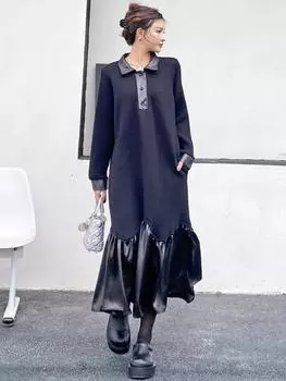 XITAO Casual Solid Color A-line Turn-down Collar Dress GJ1125 One Size чёрный