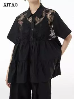 XITAO Черная ажурная рубашка Свободная модная повседневная женская рубашка верхней формы DMJ1354 One Size чёрный