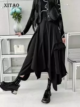 XITAO черная нерегулярная юбка, модная свободная женская юбка со складками и пуговицами HQQ2252