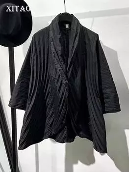 XITAO Черная плиссированная рубашка, свободный женский топ с отложным воротником LYD1575 One Size чёрный