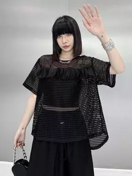 Xitao Черная повседневная футболка с вырезами, женский топ WLD20215 One Size чёрный