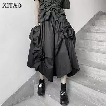 XITAO черная юбка асимметричная трехмерная цветочная отделка модная свободная женская универсальная ZXR1515