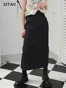 XITAO черная юбка женская с разрезом элегантная открытая богиня веер Повседневный стиль свободная юбка ZY2741 One Size чёрный