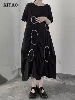 XITAO черное повседневное женское платье с нерегулярными складками WMD6701 One Size чёрный
