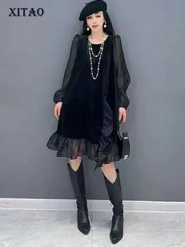 XITAO черное сетчатое лоскутное платье, пуловер, повседневный свободный модный женский DMJ3525