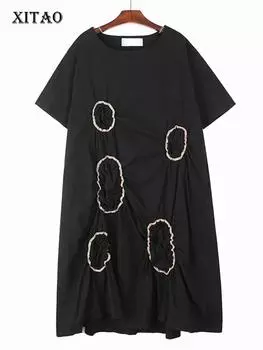 Xitao Черное свободное платье со складками и шнурком WMD6701 One Size чёрный