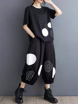 Xitao Черные повседневные комплекты брюк Свободная модная футболка Топ до щиколотки Брюки из двух частей DMJ4139