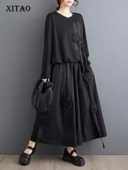 Xitao Черные повседневные комплекты с широкими брюками, футболка с цветочным украшением, комплекты из двух предметов WLD20240 One Size чёрный