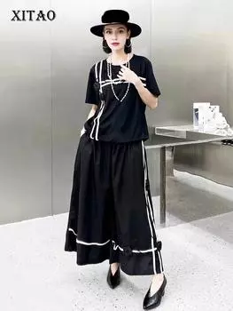 XITAO черные повседневные женские комплекты с широкими брюками контрастного цвета, комплекты из двух предметов LYD1727