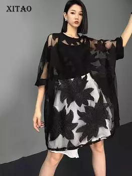 Xitao Черные сетчатые футболки с вышивкой, однотонные повседневные свободные женские топы ZY8742