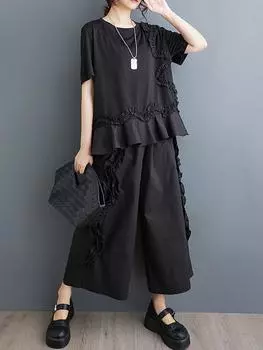 XITAO черные женские повседневные брюки, свободные модные комплекты из двух предметов HQQ2326 One Size чёрный