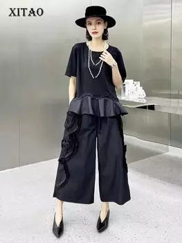 XITAO черные женские повседневные комплекты, свободные модные оборки GJ1014 One Size чёрный