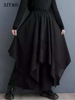 XITAO Черные женские широкие брюки с асимметричными вырезами в стиле пэчворк DMJ3645
