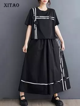 Xitao Черный повседневный женский комплект с футболкой, свободные широкие брюки, комплект из двух предметов DMJ4138