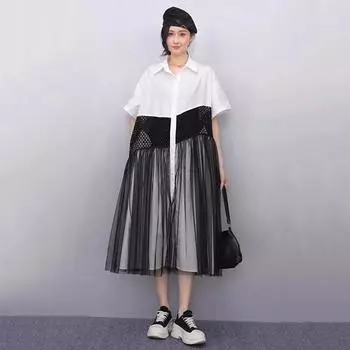 XITAO Contrast Color Hollow Out Patchwork Gauze Dress GYX1617 One Size белый