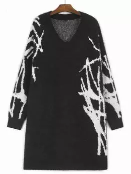 XITAO Contrast Color Knitting Straight V-neck Women Dress GMM1141 One Size чёрный