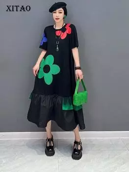 XITAO Цветочное платье Модный лоскутный пуловер с половиной рукавом Свободное элегантное платье WLD16308