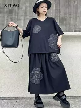 XITAO Цветочный топ с вышивкой, повседневная юбка, комплект из двух предметов DMJ4119 L чёрный