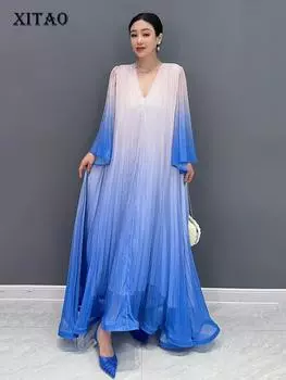 Xitao Длинное марлевое платье с расклешенными рукавами и складками, повседневное свободное новое женское платье WLD20252