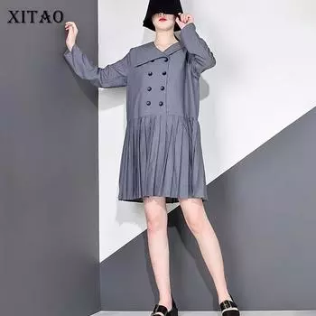 XITAO драпированное повседневное платье женское асимметричное с длинным рукавом GCC4037 One Size чёрный