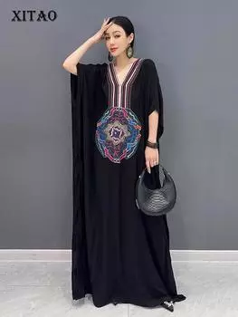 XITAO Embroidery Batwing Sleeve Dress Loose Casual Women ZY8773