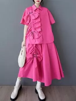 XITAO Floral Pleated Single Breasted Matching Set GYX1546 One Size розы красного