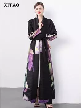 XITAO Fold Print Регулируемая талия Тренч с открытым швом HQQ2376