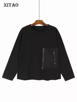 XITAO футболка с длинным рукавом и застежкой-молнией в стиле пэчворк, повседневная простота, женская футболка DMJ3611 One Size чёрный