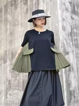 XITAO футболка со складками контрастного цвета с круглым вырезом и коротким рукавом, женский новый топ LYD1804