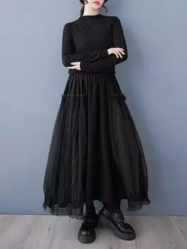 XITAO Gauze Patchwork Elastic Waist Skirt GMM1251 One Size чёрный