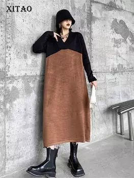 XITAO Hit Color Dress Модный женский пуловер со складками WLD9276 One Size чёрный