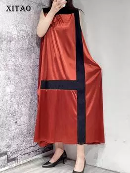 XITAO Hit Color Свободное повседневное полосатое платье без рукавов WLD11597 One Size красный
