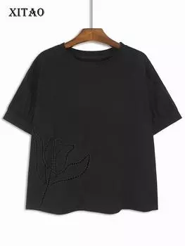 XITAO Hollow Out O-neck Solid Color T-shirts Short Sleeve Loose Tops New Casual Women Tops GJ1029