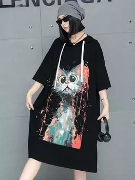 XITAO Hooded Drawstring Animal Print Casual Dress GMM1195 One Size чёрный