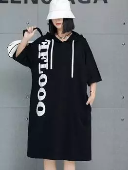 XITAO Hooded Letter Printing Drawstring Dress GMM1194 One Size чёрный