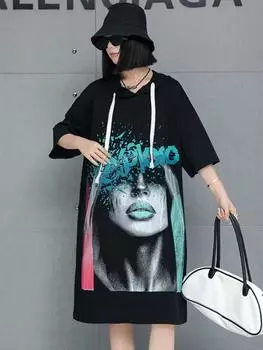 XITAO Hooded Printing Knee-length Dress Casual Loose GMM1196 One Size чёрный