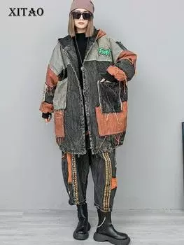 XITAO Индивидуальные парки, повседневные модные свободные парки с капюшоном контрастного цвета, лоскутные однобортные парки HQQ1783