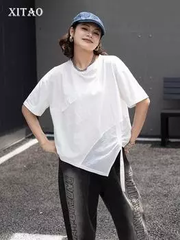 XITAO Irregular Casual Folds T-shirt Fashion Solid Color Loose New Women DMJ4126