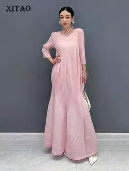 XITAO Irregular Folds Dress Solid Color Temperament Three Quarter Sleeve Women WLD20190