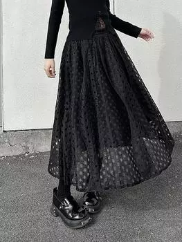 Xitao Юбка свободного покроя, однотонная, до середины икры, женская, повседневная, с ажурным кружевом, модная, изящная, новая, осенняя, женская юбка GMM1103 One Size чёрный