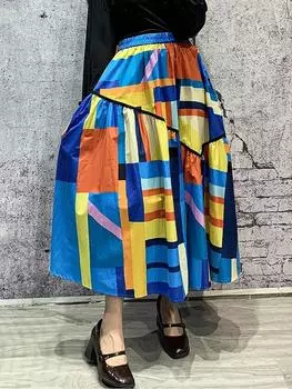 XITAO Контрастные цветные юбки с неровными складками, новые модные повседневные женские WMD5493 One Size синий