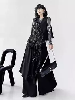 Xitao Комплект брюк без рукавов в стиле пэчворк с пайетками ZY8939 M чёрный