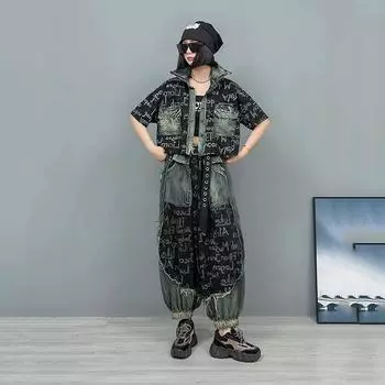 Xitao Комплект брюк в стиле пэчворк с карманами и буквенным принтом GYX1579 One Size чёрный