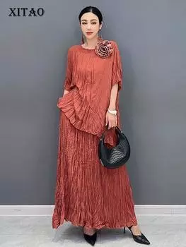 XITAO комплект из двух частей с круглым вырезом, однотонная юбка трапециевидной формы с половиной рукавов, LYD1836 One Size чёрный