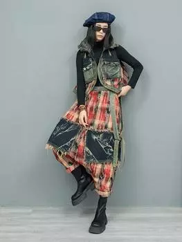 Xitao Комплект из двух предметов: джинсовый жилет, брюки, пэчворк ZYY1008 L красный