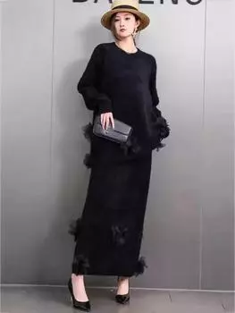 Xitao Комплект свободного трикотажного платья с цветочным узором GMM1293 M чёрный