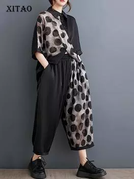 Xitao Комплекты брюк с точечным принтом Однобортный пуловер Асимметричные топы Повседневные комплекты из двух предметов WLD20233
