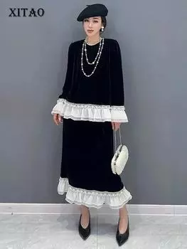 XITAO комплекты платьев, повседневный комплект из двух предметов с длинными рукавами, модный марлевый лоскутный топ, женская юбка, HQQ1657