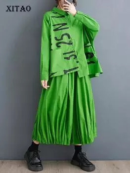 XITAO Комплекты плиссированных брюк Рубашка с отложным воротником с буквенным принтом и длинными рукавами Комплекты из двух предметов HQQ1909 One Size хаки